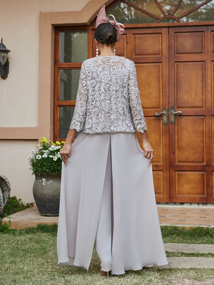 Macacão de Calça de 3/4 de Mangas com Gola Quadrada em Chiffon, Aplicações de Renda e Casaco