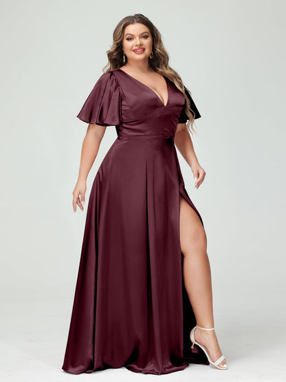 Vestidos de Dama de Honra com Decote Em V Meia Manga Cetim de Seda Plus Size com Bolsos