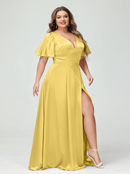 Vestidos de Dama de Honra com Decote Em V Meia Manga Cetim de Seda Plus Size com Bolsos