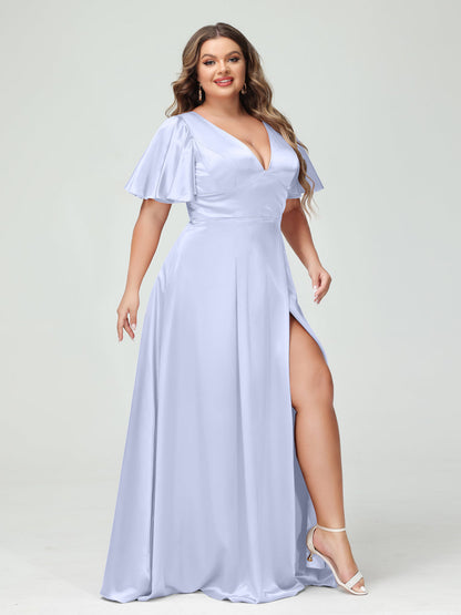 Vestidos de Dama de Honra com Decote Em V Meia Manga Cetim de Seda Plus Size com Bolsos