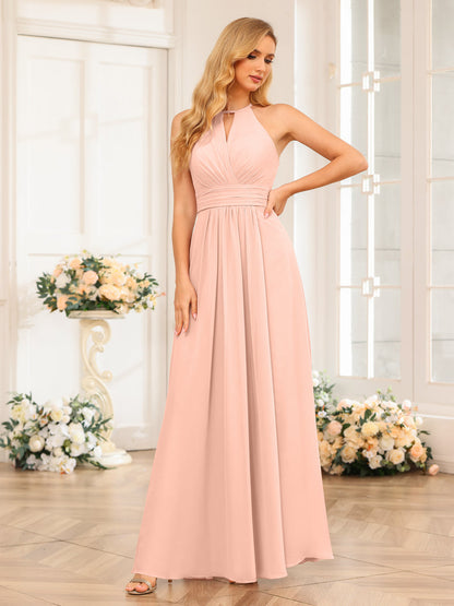 Vestidos Longos de Festa de Casamento com Corte A/Princesa Halter e Lado Dividido