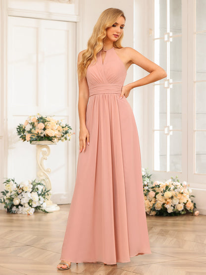 Vestidos Longos de Festa de Casamento com Corte A/Princesa Halter e Lado Dividido