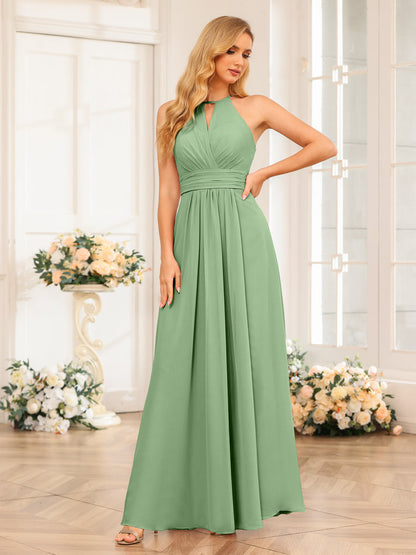 Vestidos Longos de Festa de Casamento com Corte A/Princesa Halter e Lado Dividido