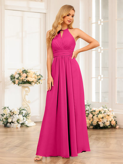 Vestidos Longos de Festa de Casamento com Corte A/Princesa Halter e Lado Dividido