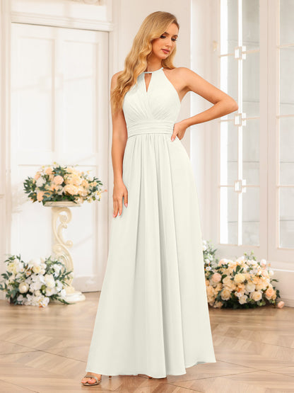 Vestidos Longos de Festa de Casamento com Corte A/Princesa Halter e Lado Dividido