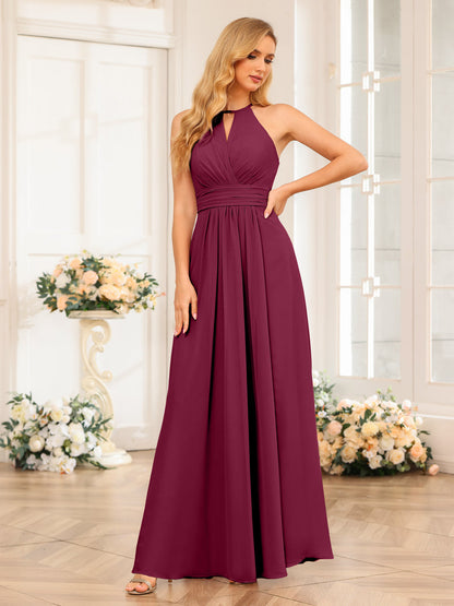 Vestidos Longos de Festa de Casamento com Corte A/Princesa Halter e Lado Dividido