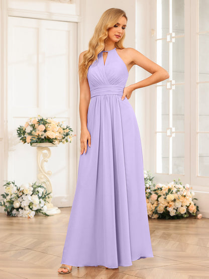 Vestidos Longos de Festa de Casamento com Corte A/Princesa Halter e Lado Dividido