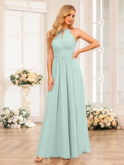 Vestidos Longos de Festa de Casamento com Corte A/Princesa Halter e Lado Dividido