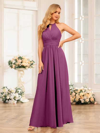 Vestidos Longos de Festa de Casamento com Corte A/Princesa Halter e Lado Dividido