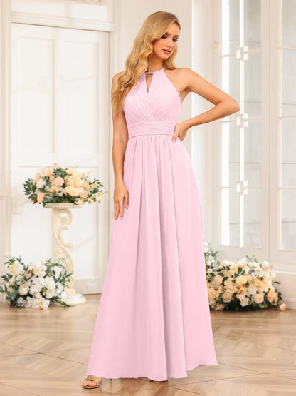 Vestidos Longos de Festa de Casamento com Corte A/Princesa Halter e Lado Dividido