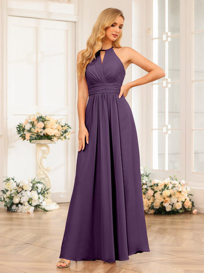 Vestidos Longos de Festa de Casamento com Corte A/Princesa Halter e Lado Dividido