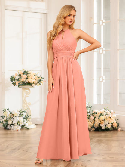 Vestidos Longos de Festa de Casamento com Corte A/Princesa Halter e Lado Dividido