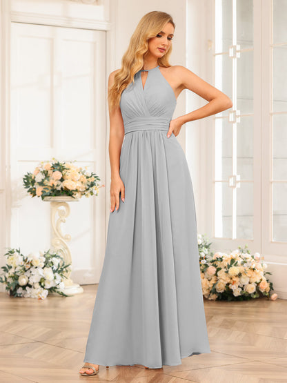 Vestidos Longos de Festa de Casamento com Corte A/Princesa Halter e Lado Dividido