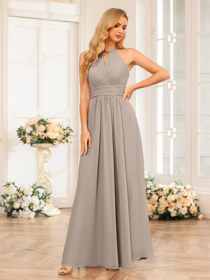 Vestidos Longos de Festa de Casamento com Corte A/Princesa Halter e Lado Dividido