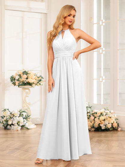 Vestidos Longos de Festa de Casamento com Corte A/Princesa Halter e Lado Dividido