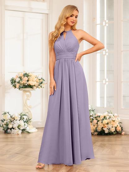 Vestidos Longos de Festa de Casamento com Corte A/Princesa Halter e Lado Dividido