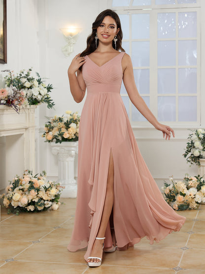 Vestidos Longos para Festa de Casamento com Decote em V e Fenda Lateral em Estilo A-Line/Princesa