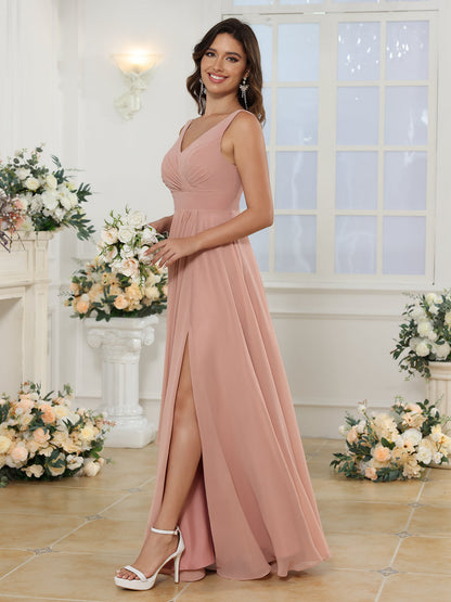 Vestidos Longos para Festa de Casamento com Decote em V e Fenda Lateral em Estilo A-Line/Princesa