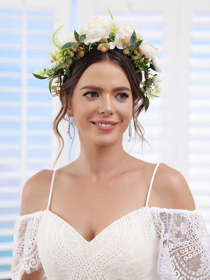 Artificial Marfim Guirlanda de Noiva Tiaras Coroas de Flores de Casamento com Fita Champanhe