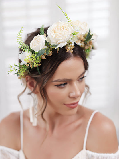 Artificial Marfim Guirlanda de Noiva Tiaras Coroas de Flores de Casamento com Fita Champanhe