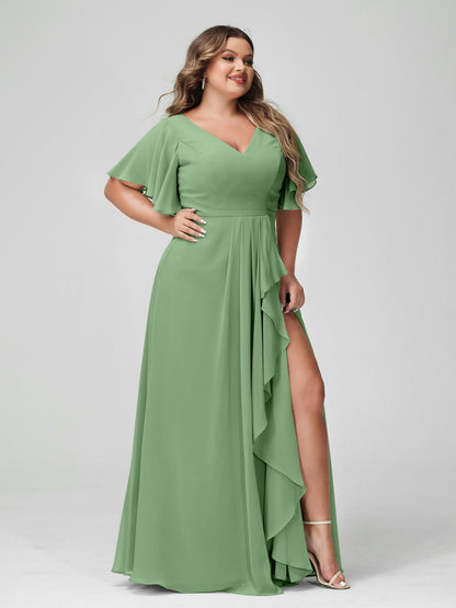 Vestidos de Dama de Honra Tamanho Grande Linha A/Princesa Decote Em V Meia Manga Chiffon Babados com Divisão Lateral