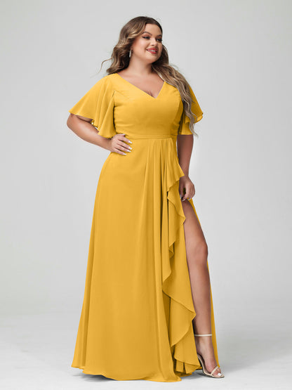 Vestidos de Dama de Honra Tamanho Grande Linha A/Princesa Decote Em V Meia Manga Chiffon Babados com Divisão Lateral