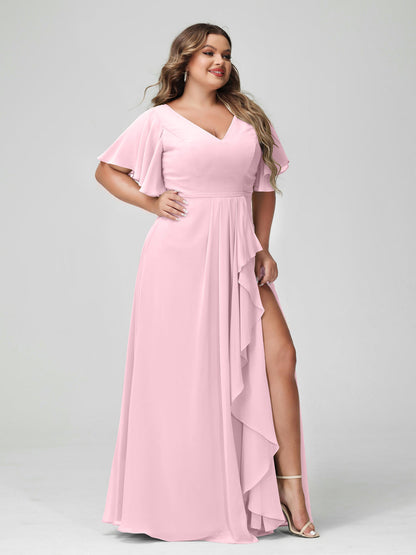 Vestidos de Dama de Honra Tamanho Grande Linha A/Princesa Decote Em V Meia Manga Chiffon Babados com Divisão Lateral