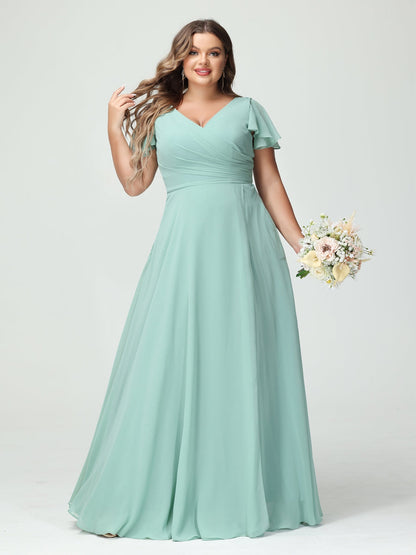 Princesa/Formato A Decote Em V Manga Curta Chiffon Dividir Lateral Plus Size Vestidos de Dama de Honra com Bolsos