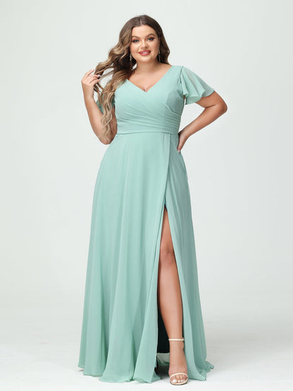 Princesa/Formato A Decote Em V Manga Curta Chiffon Dividir Lateral Plus Size Vestidos de Dama de Honra com Bolsos