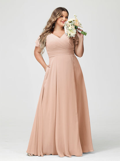 Princesa/Formato A Decote Em V Manga Curta Chiffon Dividir Lateral Plus Size Vestidos de Dama de Honra com Bolsos