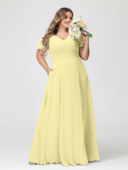 Princesa/Formato A Decote Em V Manga Curta Chiffon Dividir Lateral Plus Size Vestidos de Dama de Honra com Bolsos