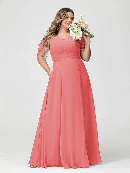 Princesa/Formato A Decote Em V Manga Curta Chiffon Dividir Lateral Plus Size Vestidos de Dama de Honra com Bolsos