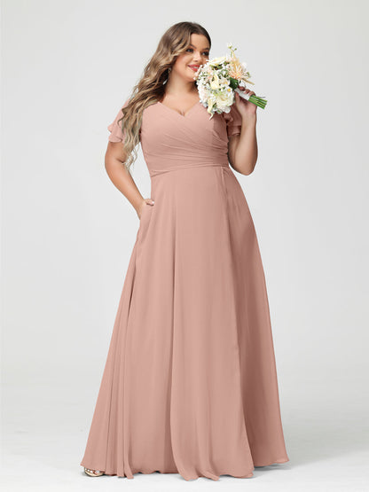 Princesa/Formato A Decote Em V Manga Curta Chiffon Dividir Lateral Plus Size Vestidos de Dama de Honra com Bolsos