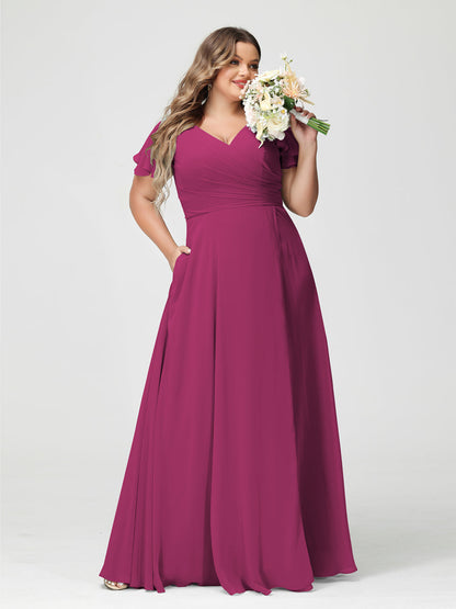 Princesa/Formato A Decote Em V Manga Curta Chiffon Dividir Lateral Plus Size Vestidos de Dama de Honra com Bolsos