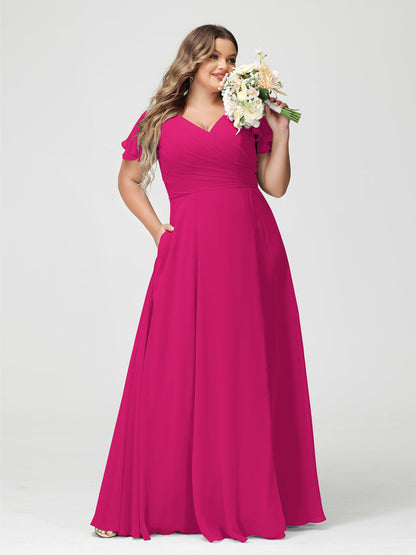 Princesa/Formato A Decote Em V Manga Curta Chiffon Dividir Lateral Plus Size Vestidos de Dama de Honra com Bolsos