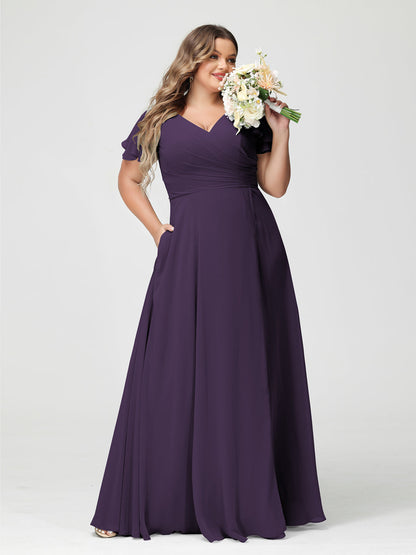 Princesa/Formato A Decote Em V Manga Curta Chiffon Dividir Lateral Plus Size Vestidos de Dama de Honra com Bolsos