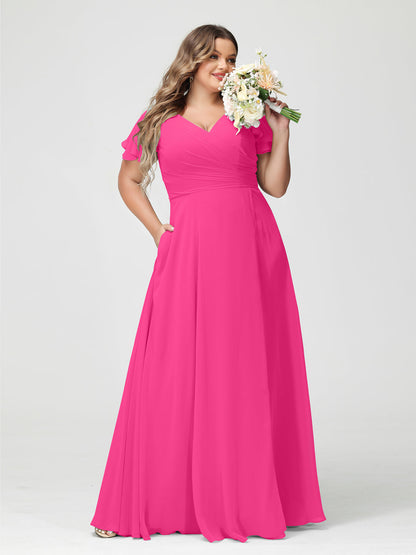 Princesa/Formato A Decote Em V Manga Curta Chiffon Dividir Lateral Plus Size Vestidos de Dama de Honra com Bolsos