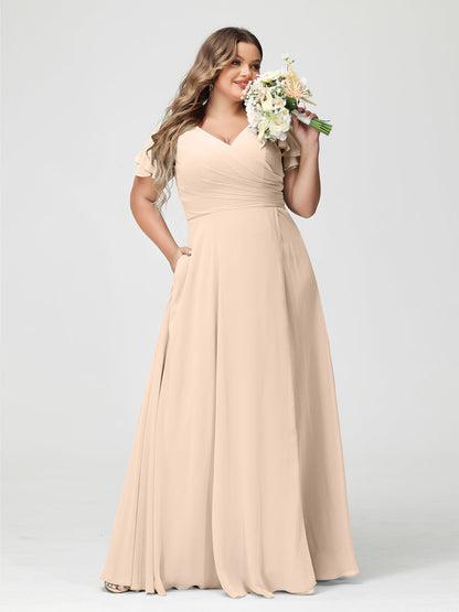 Princesa/Formato A Decote Em V Manga Curta Chiffon Dividir Lateral Plus Size Vestidos de Dama de Honra com Bolsos