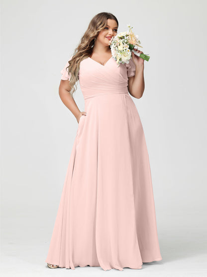 Princesa/Formato A Decote Em V Manga Curta Chiffon Dividir Lateral Plus Size Vestidos de Dama de Honra com Bolsos