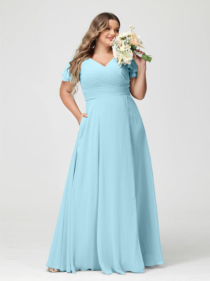 Princesa/Formato A Decote Em V Manga Curta Chiffon Dividir Lateral Plus Size Vestidos de Dama de Honra com Bolsos