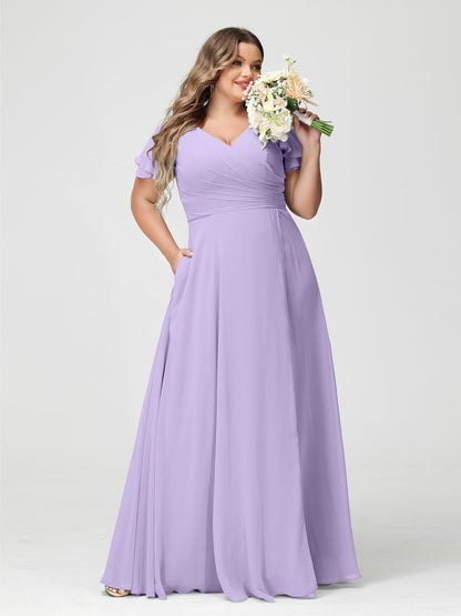 Princesa/Formato A Decote Em V Manga Curta Chiffon Dividir Lateral Plus Size Vestidos de Dama de Honra com Bolsos