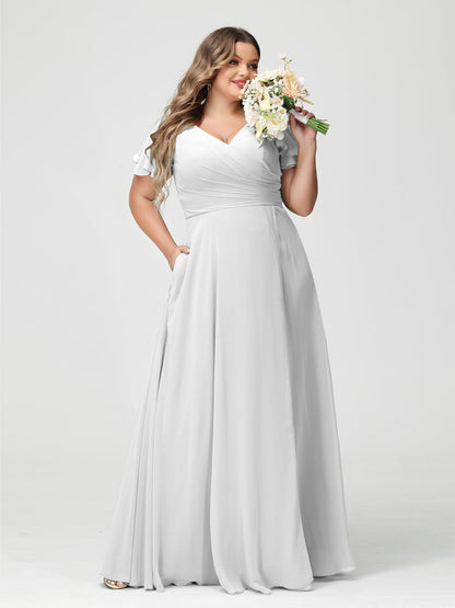 Princesa/Formato A Decote Em V Manga Curta Chiffon Dividir Lateral Plus Size Vestidos de Dama de Honra com Bolsos