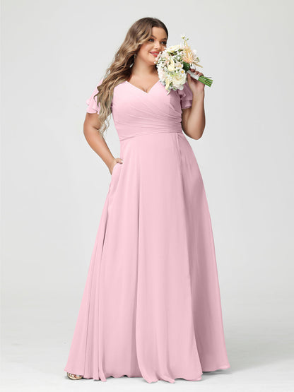 Princesa/Formato A Decote Em V Manga Curta Chiffon Dividir Lateral Plus Size Vestidos de Dama de Honra com Bolsos