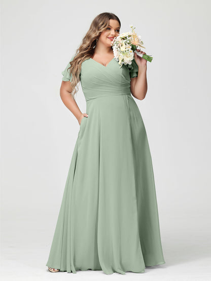 Princesa/Formato A Decote Em V Manga Curta Chiffon Dividir Lateral Plus Size Vestidos de Dama de Honra com Bolsos