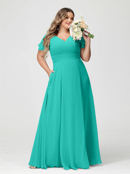 Princesa/Formato A Decote Em V Manga Curta Chiffon Dividir Lateral Plus Size Vestidos de Dama de Honra com Bolsos