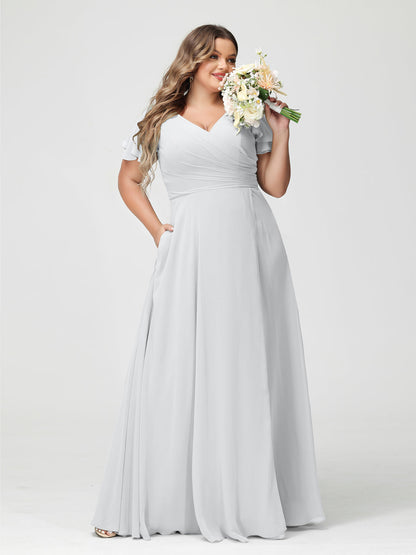 Princesa/Formato A Decote Em V Manga Curta Chiffon Dividir Lateral Plus Size Vestidos de Dama de Honra com Bolsos