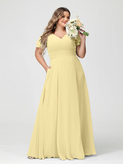 Princesa/Formato A Decote Em V Manga Curta Chiffon Dividir Lateral Plus Size Vestidos de Dama de Honra com Bolsos