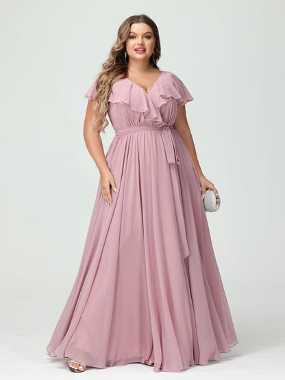 Vestidos Princesa/ Formato A Decote Em V Manga Curta Chiffon Babados Vestidos de Dama de Honra com Bolsos