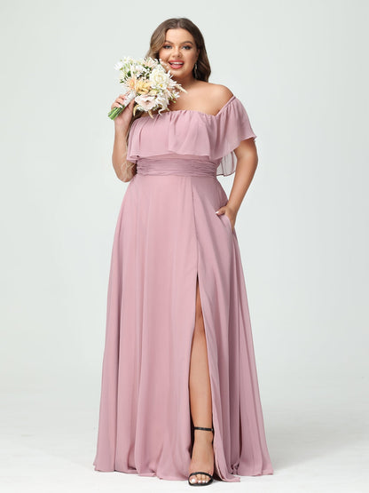 Vestidos Princesa/ Formato A com Decote Em V Sem Mangas Em Chiffon com Divisão Lateral Plus Size com Bolsos