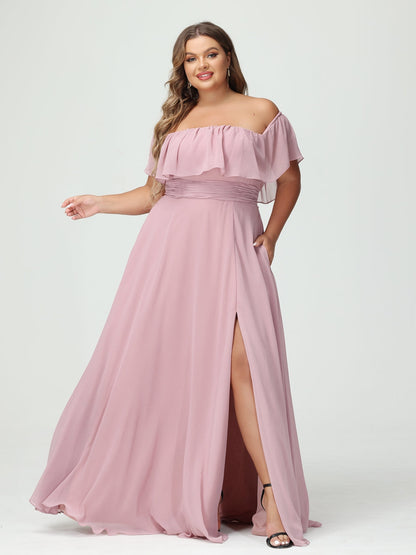 Vestidos Princesa/ Formato A com Decote Em V Sem Mangas Em Chiffon com Divisão Lateral Plus Size com Bolsos